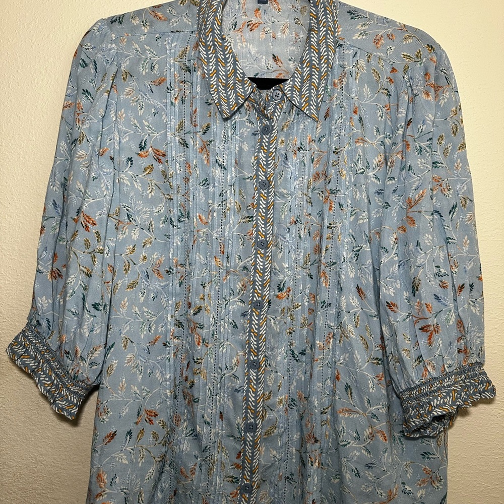 Democracy Leafy Print Blouse in Blue and Orange